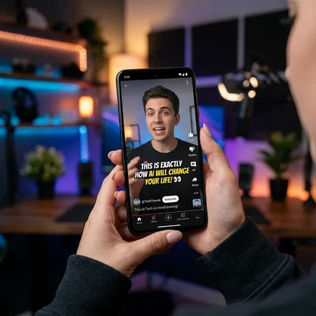 A close-up of a modern smartphone showing vertical video with highly stylized, auto-generated captions overlaid, highlighting CapCut's interface in a creative studio setting