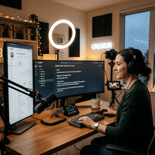 Content creator using AI scriptwriting tools on a dual-monitor setup with a YouTube analytics dashboard and script outline visible