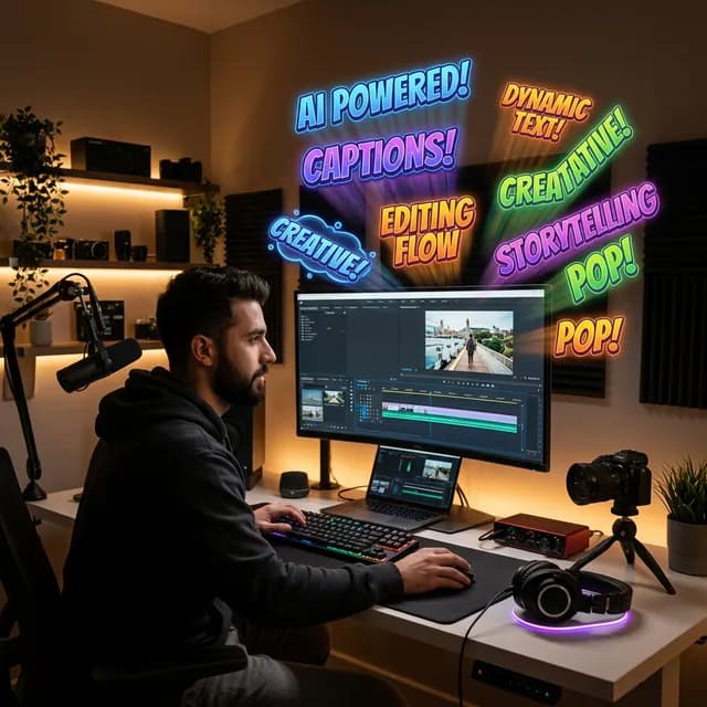 A YouTube creator sitting at a modern desk editing a video on a large monitor, with vibrant, glowing AI-generated text and subtitles floating off the screen in the background