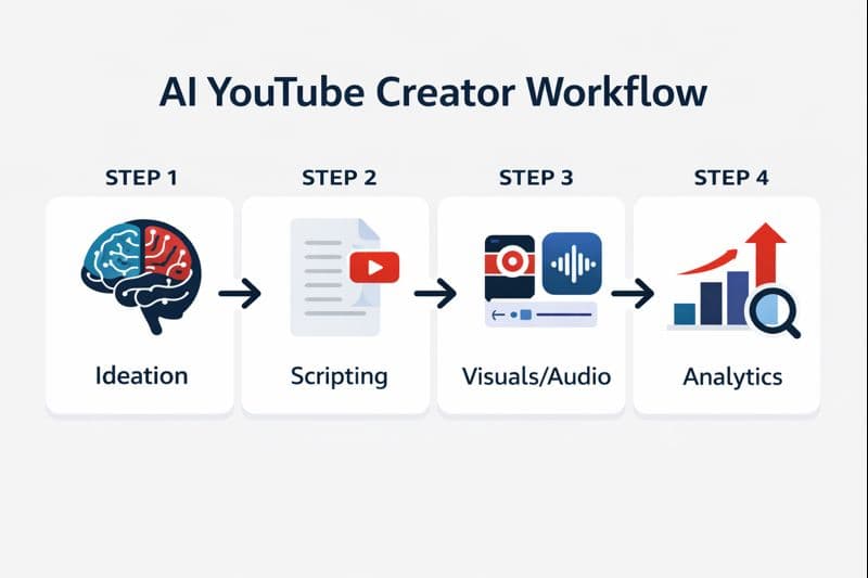 Infographic showing the 4-step AI workflow for YouTube creators: Ideation, Scripting, Production, and Analytics