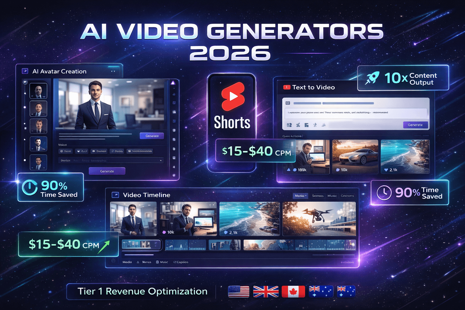 10 Best AI Video Generators for YouTube Shorts in 2026 - Dashboard montage showing AI video creation tools