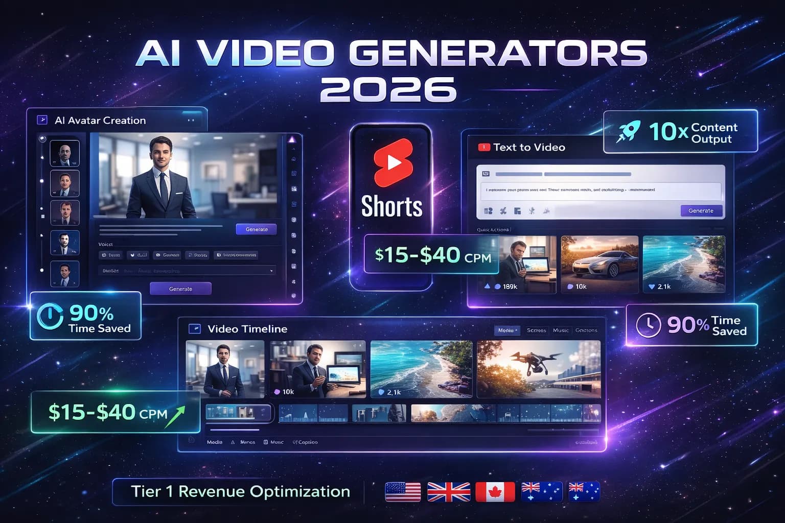 10 Best AI Video Generators for YouTube Shorts in 2026 - Dashboard montage showing AI video creation tools