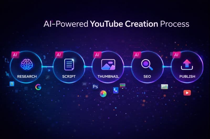 AI tools workflow infographic showing the YouTube creator process from research to publishing with AI assistance