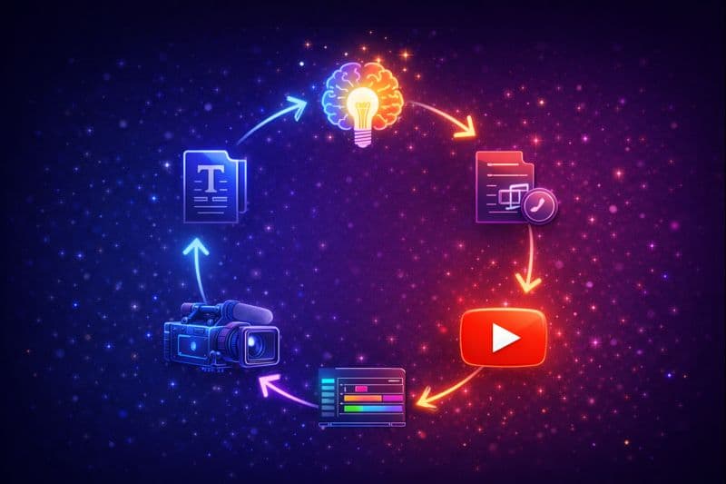 AI-powered YouTube content creation workflow showing end-to-end automation