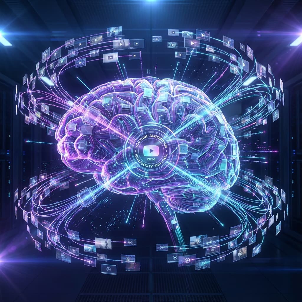 Futuristic 3D visualization of YouTube's AI Algorithm