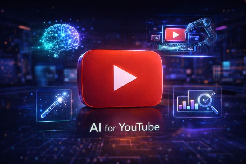 Futuristic YouTube studio with holographic AI tools and glowing play button representing best AI software for creators