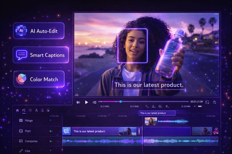 Modern AI video editing interface showing timeline with smart editing suggestions, auto-captions, and AI-powered color grading in a sleek purple-themed dashboard