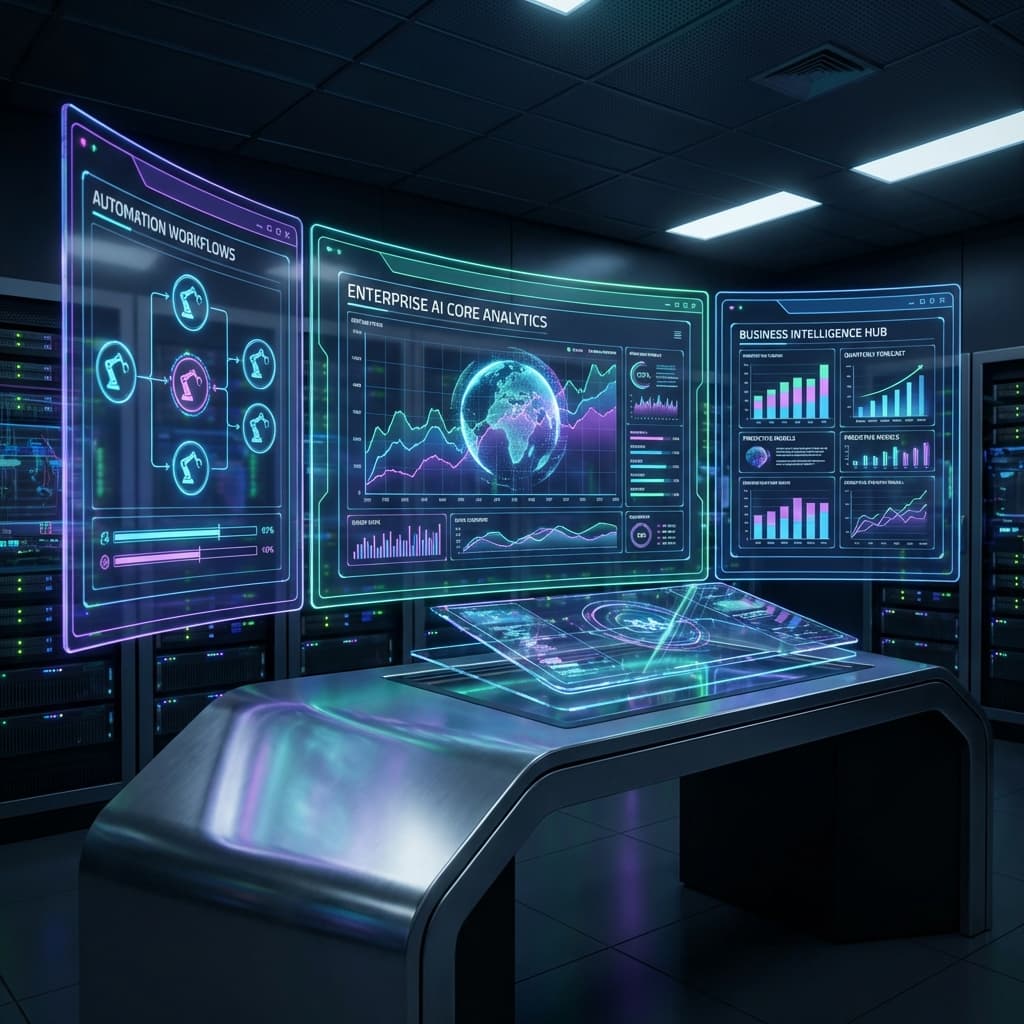 Futuristic dashboard showing enterprise AI analytics, automation workflows, and business intelligence data on multiple high-tech screens