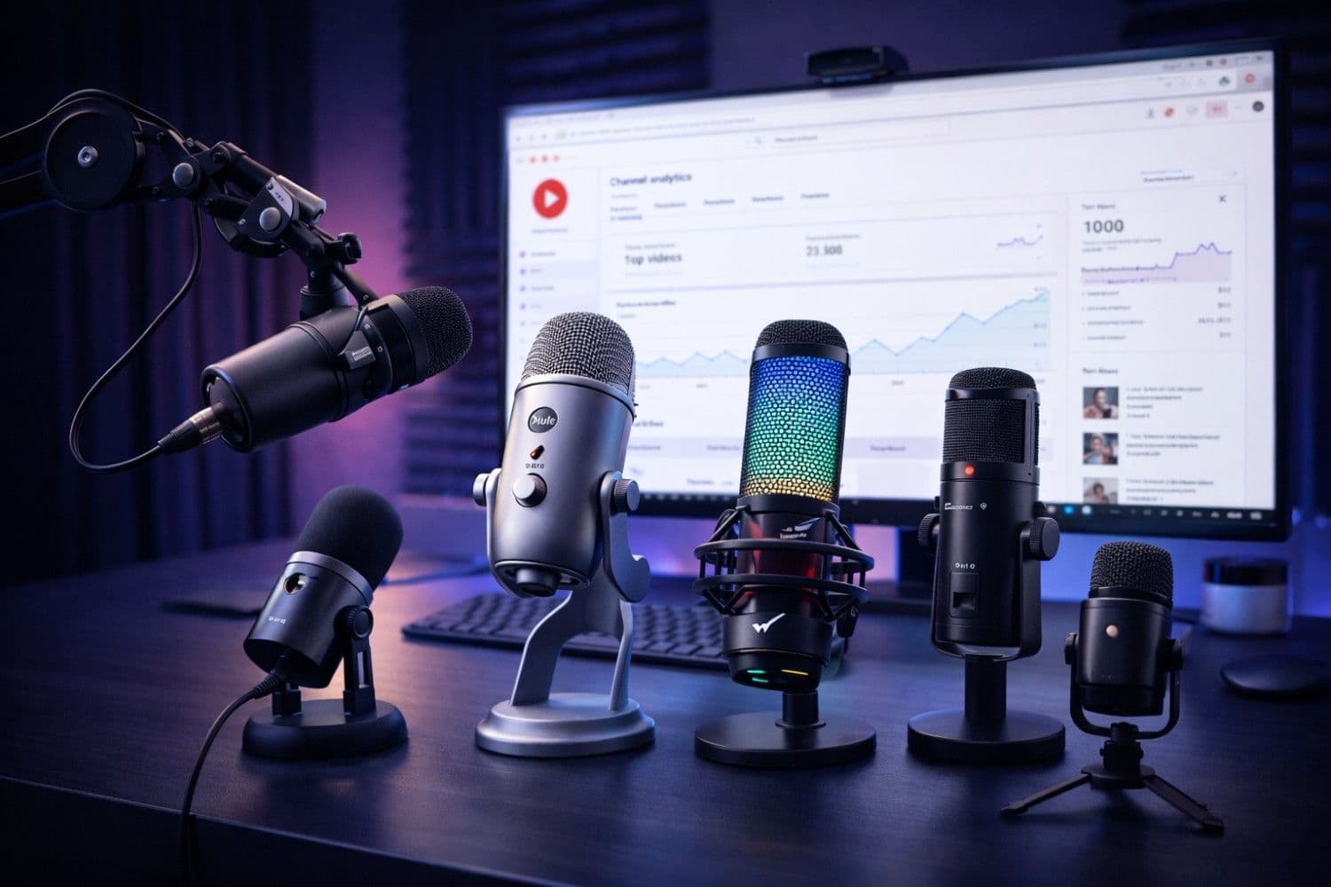 Best USB Microphones for YouTube and Podcasting 2026 - Professional studio setup with multiple USB microphones on desk