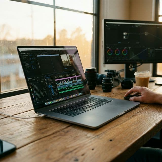 Best Laptops for Video Editing 2026 - A sleek modern laptop on a wooden desk showing a complex video timeline