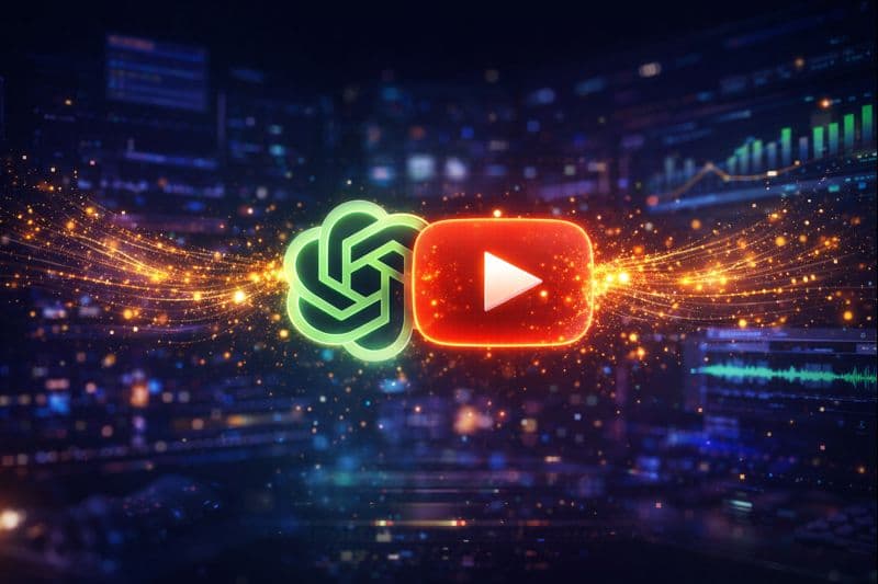 Futuristic concept of ChatGPT interface merging with YouTube video analytics dashboard, glowing with data insights