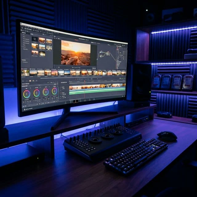 DaVinci Resolve Tutorial for YouTube Beginners - Professional video editing setup with DaVinci Resolve interface on a monitor with purple RGB lighting