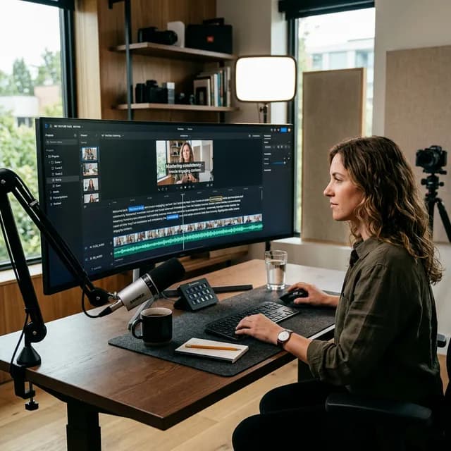 A YouTube creator editing a video in Descript AI video editor on an ultrawide monitor in a modern home studio, showing the text-based transcript editing interface