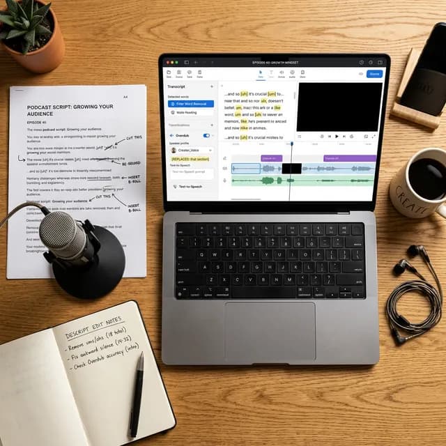 A creator's desk with a laptop showing Descript's AI Overdub and filler word removal interface, surrounded by a USB microphone, printed script pages, and editing notes