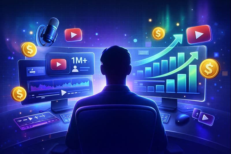 Faceless YouTube channel concept showing anonymous creator with multiple monitors displaying analytics, subscriber growth, and revenue dashboards with trending arrows