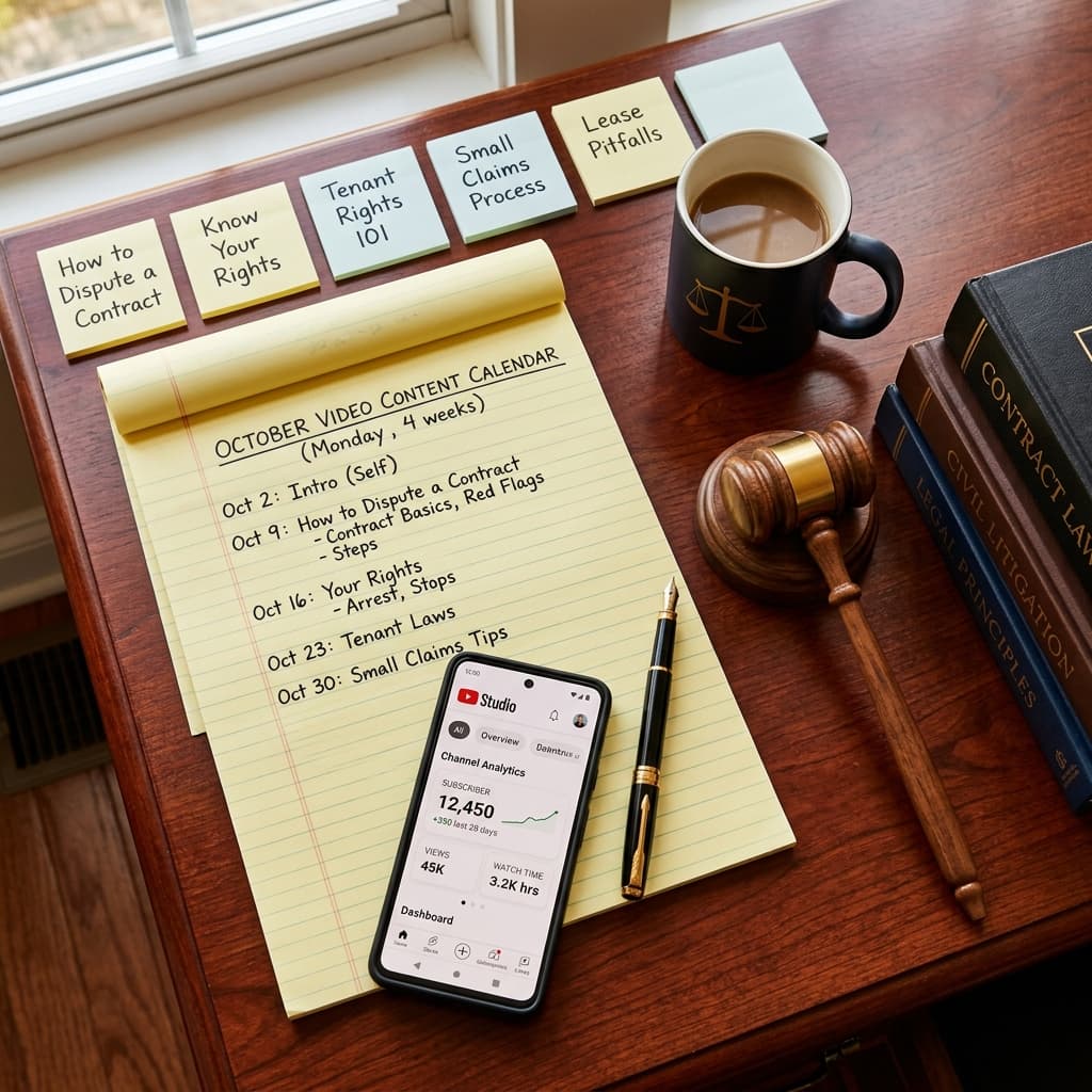 An overhead flat-lay shot of a lawyer's desk showing a content calendar, YouTube Studio analytics on a smartphone, legal notepads and sticky notes with video topic ideas, representing a lawyer YouTube content strategy