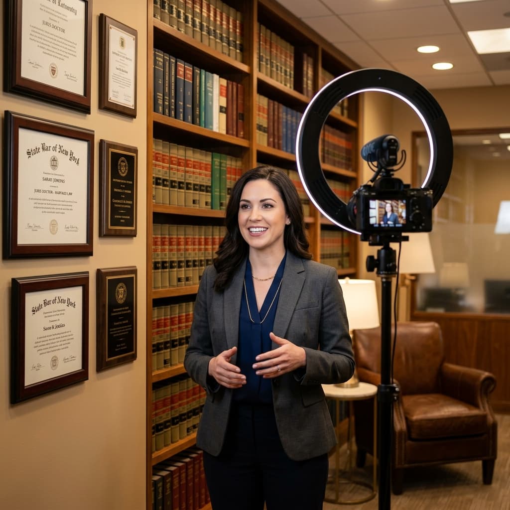 A professional attorney filming a YouTube video in a polished law office with bookshelves, camera on tripod, and ring light — representing lawyer YouTube marketing strategy.
