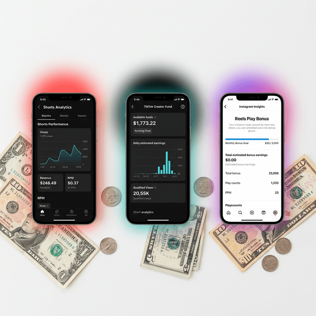 Three smartphones showing YouTube Shorts, TikTok, and Instagram Reels analytics dashboards with dollar coins scattered around them on a white desk
