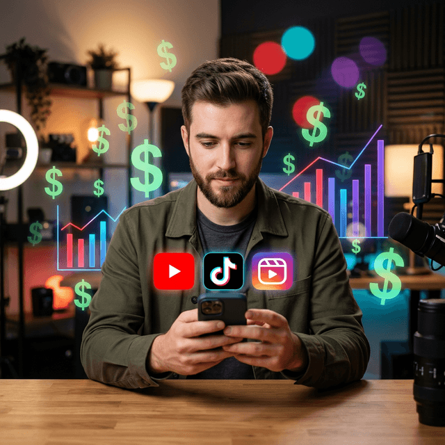 Content creator comparing YouTube Shorts, TikTok, and Instagram Reels monetization earnings on smartphone in a modern studio with colorful bokeh lighting