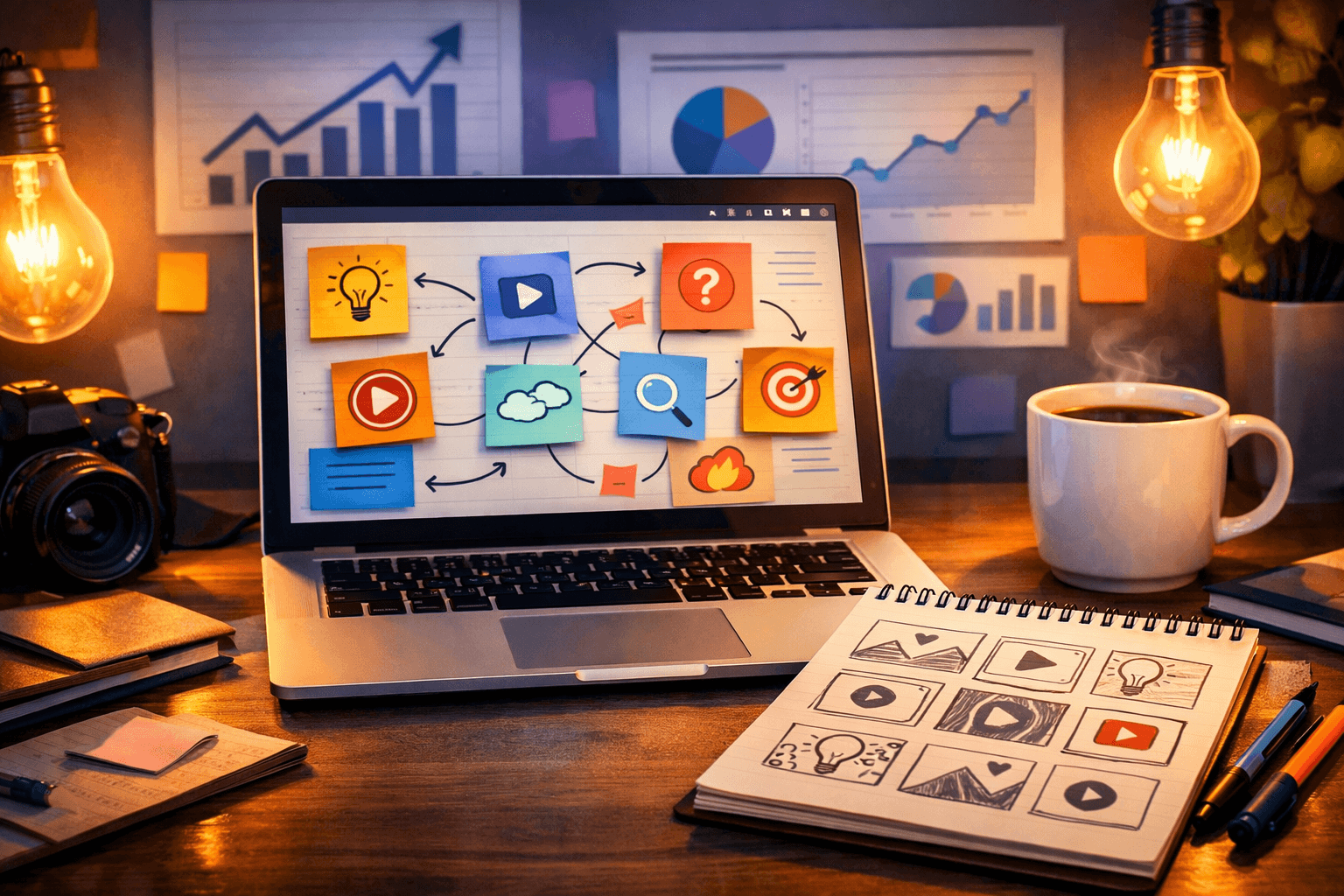 Creative workspace showing YouTube video idea brainstorming process