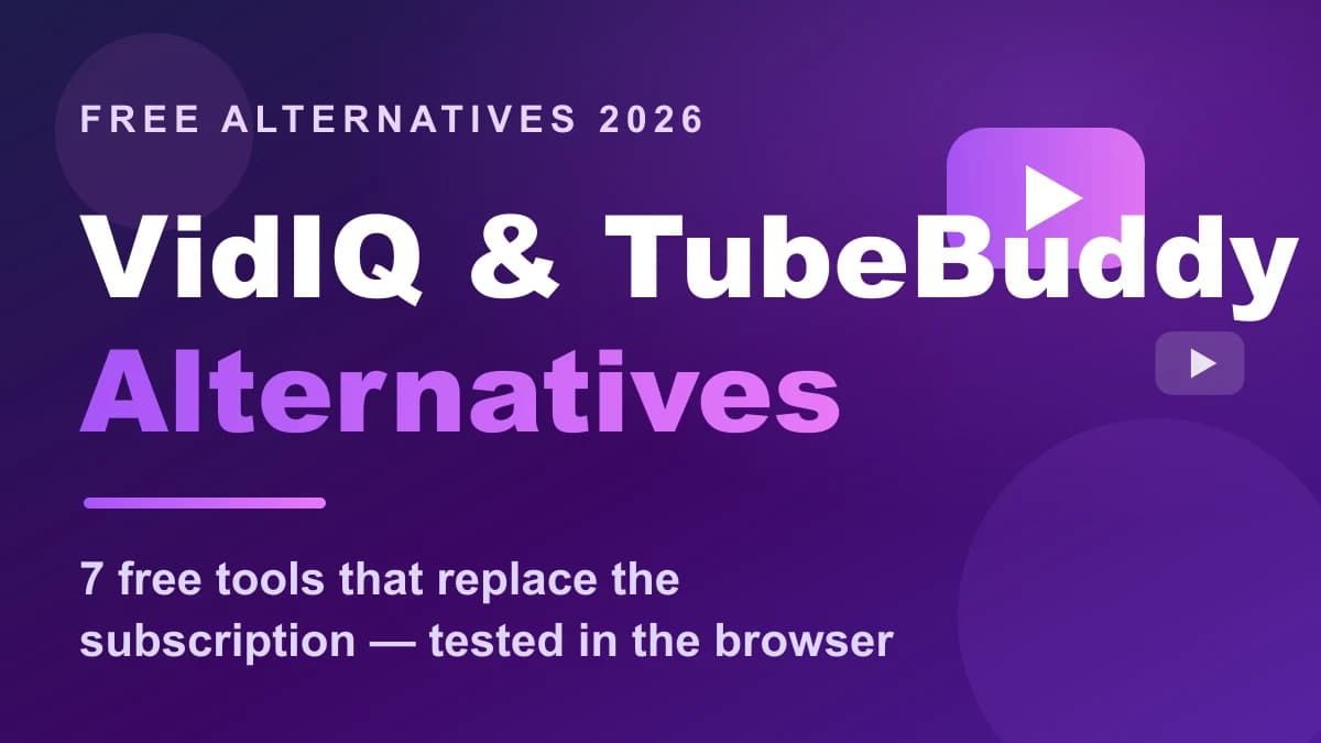 Dark purple branded graphic reading VidIQ and TubeBuddy Alternatives 2026 with YouTube play button icons on a gradient background