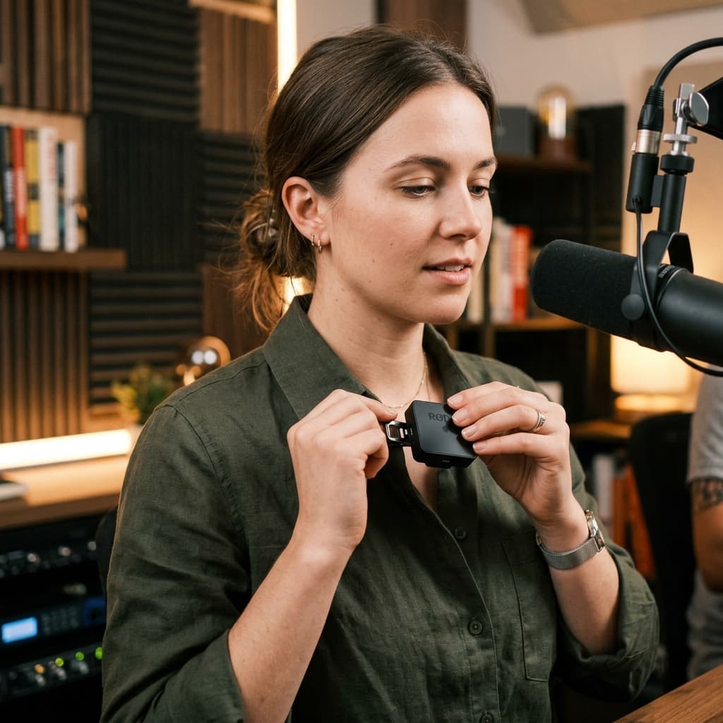 A close-up realistic shot of a content creator clipping a sleek, minimalist wireless lavalier microphone to their shirt collar in a professional podcasting studio environment