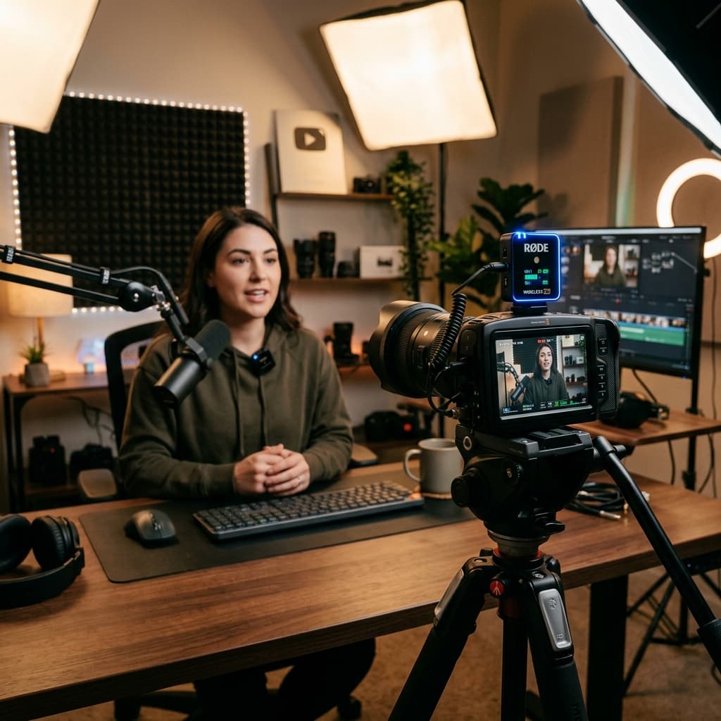 A YouTube creator's desk setup featuring a glowing wireless lavalier microphone receiver attached to a high-end camera, soft cinematic lighting, professional studio look.