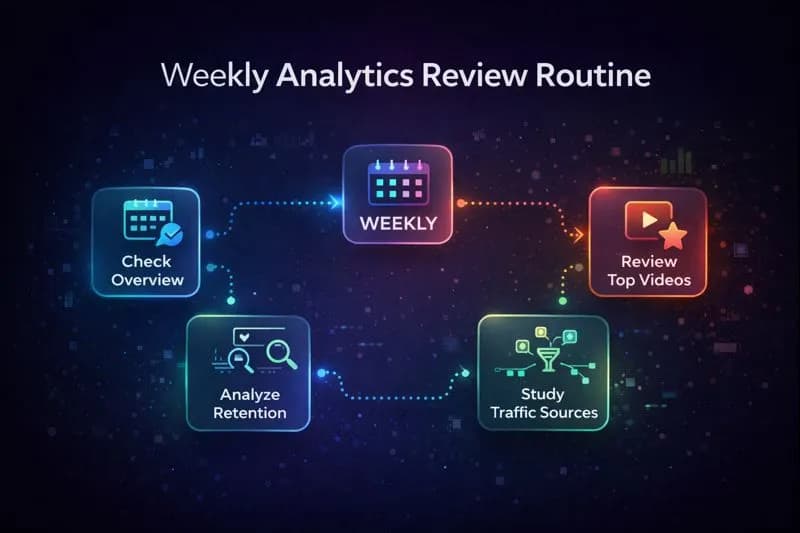 Creator reviewing the audience retention graph in YouTube Studio during a weekly analytics routine, with the second-by-second curve open on screen
