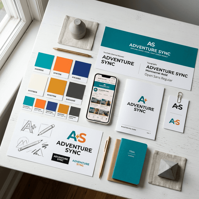 YouTube channel branding elements mood board with logo, colour palette, fonts and banner printed materials on white desk