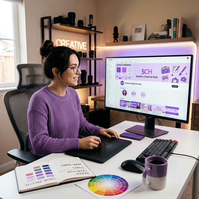 YouTube channel creator designing professional channel branding with logo, banner, and color palette on desktop computer in modern studio workspace