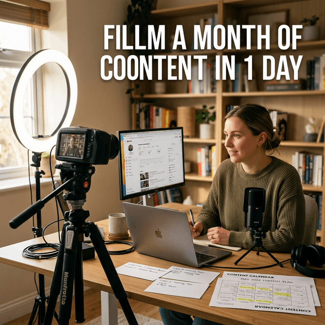 A YouTube content creator sitting at a professional home studio desk with a camera, ring light, and a monthly content calendar, ready to film a month of videos in one day