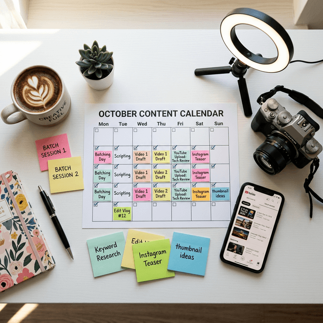 A top-down flat-lay of a content batching planning workspace with a printed content calendar, colorful sticky notes, a camera, and a smartphone showing YouTube — representing the organized preparation behind a successful batch filming session