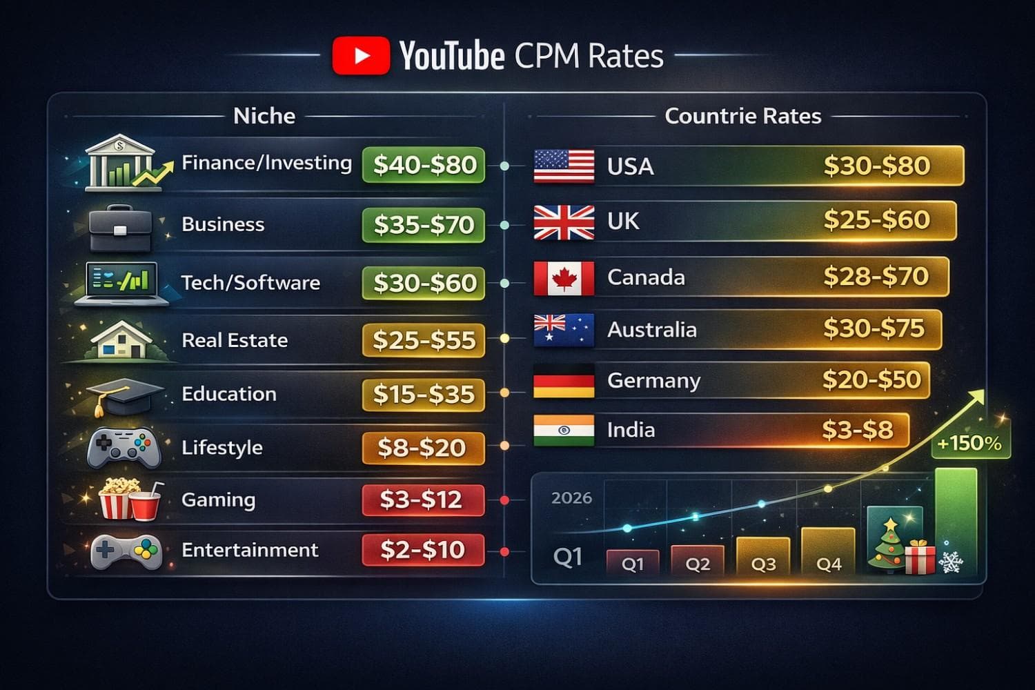 Comparison chart of YouTube CPM rates for USA, UK, Canada, and Australia with Tier 1 earnings benchmarks