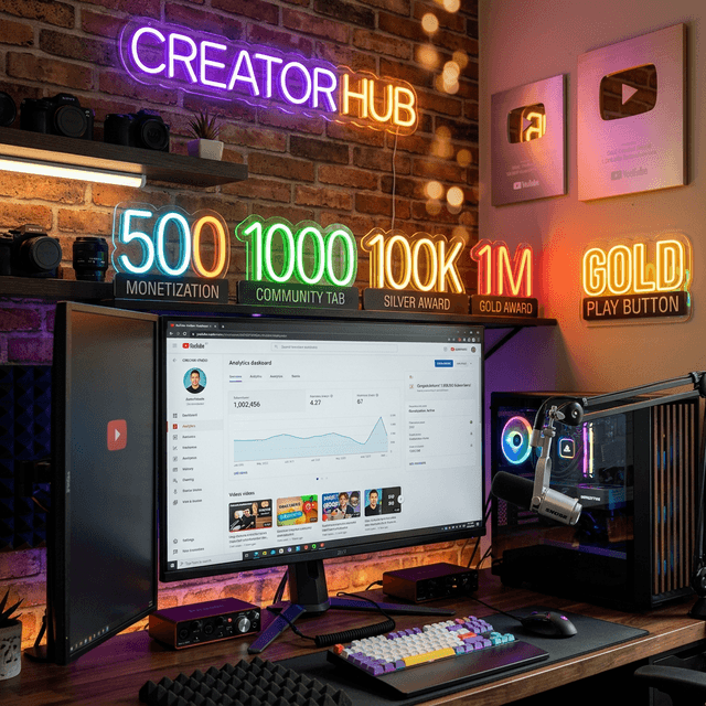 A high-quality 3D render of a YouTube creator studio setup with glowing neon numbers 500, 1000, 100k, and 1M rising above a monitor
