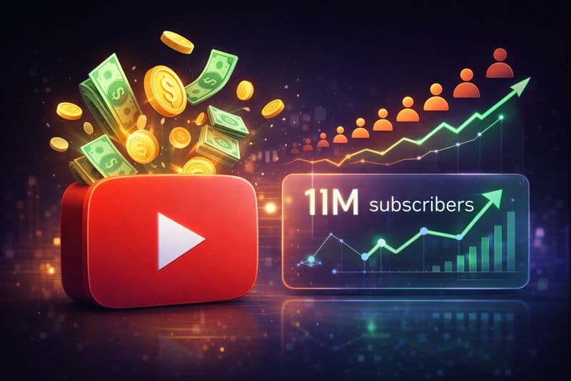 YouTube earnings per subscriber infographic showing money flowing from play button with subscriber counter and trending growth chart for 2026