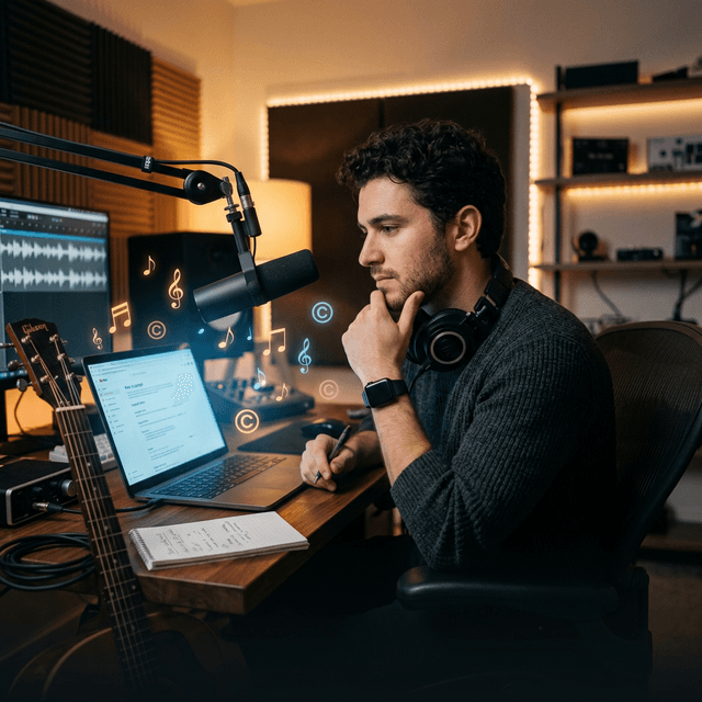 YouTube music copyright guide - creator at studio desk with headphones reviewing music copyright symbols and YouTube policy on laptop screen