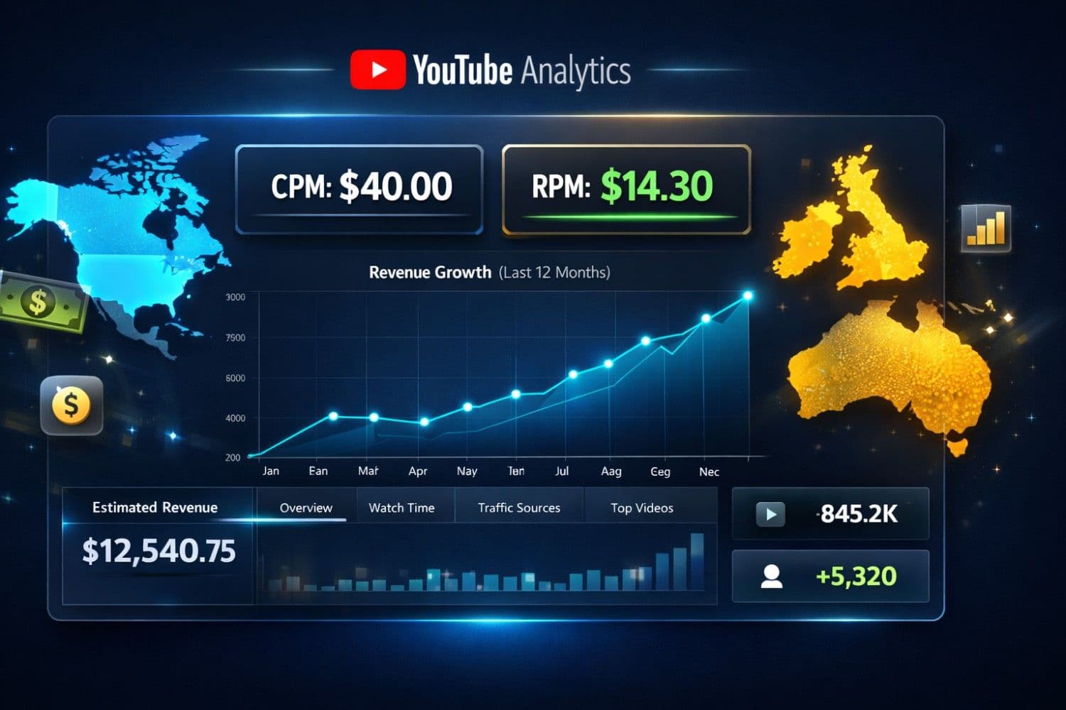 YouTube analytics dashboard showing RPM and CPM metrics comparison with revenue growth charts for Tier 1 countries