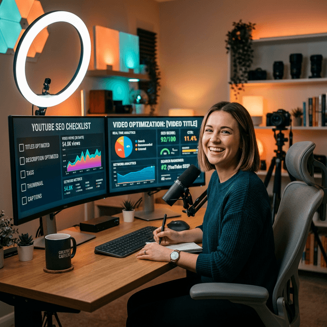 YouTube creator at a dual-monitor desk reviewing a YouTube SEO checklist dashboard with analytics, keyword metrics, and video optimization scores displayed on screen