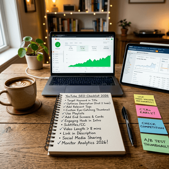 A YouTube SEO checklist notebook flat lay with analytics on laptop screen, keyword research on tablet, coffee, and sticky notes in a warm home office setting