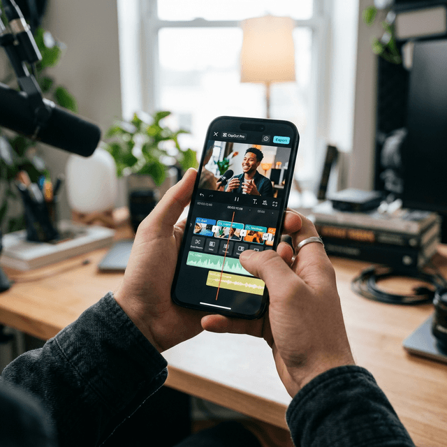 Close-up of a mobile video editing timeline with colorful clips and waveforms