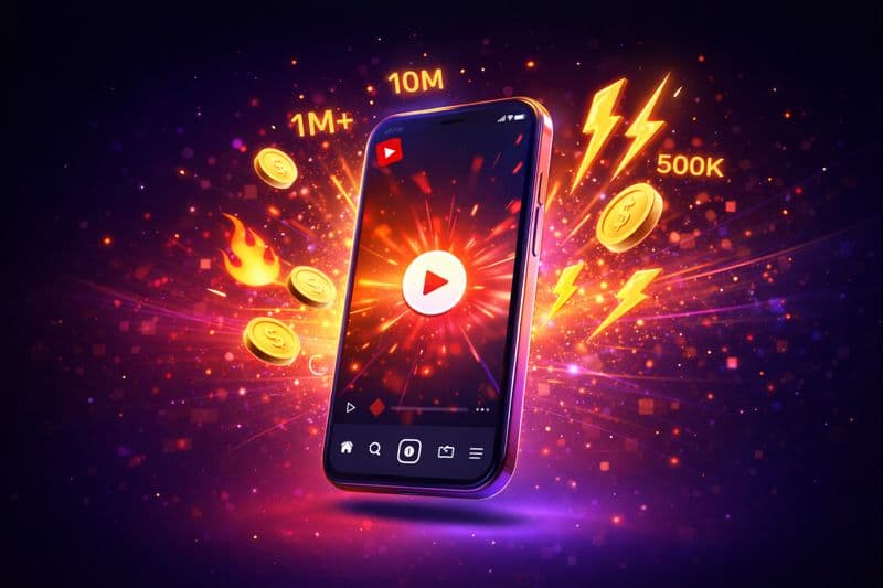 YouTube Shorts viral strategy showing phone with Shorts player and view count exploding