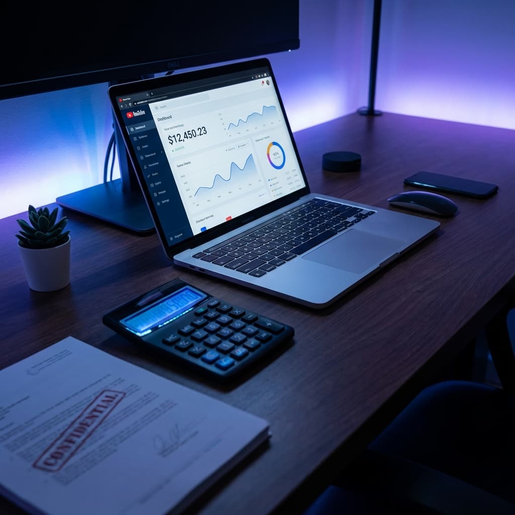 YouTube sponsorship contract and earnings calculator on a modern desk setup