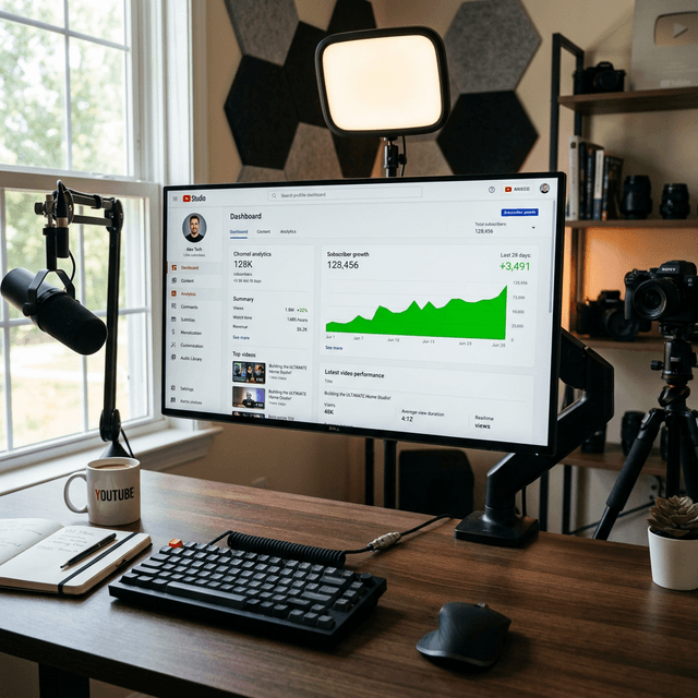YouTube Studio dashboard open on a monitor in a professional home creator studio setup, showing analytics charts, subscriber growth graph, and revenue metrics