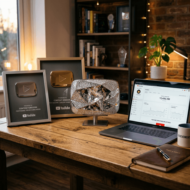 A stunning realistic image showing YouTube Silver, Gold, and Diamond Play Buttons arranged on a modern wooden desk with a laptop, glowing with success.