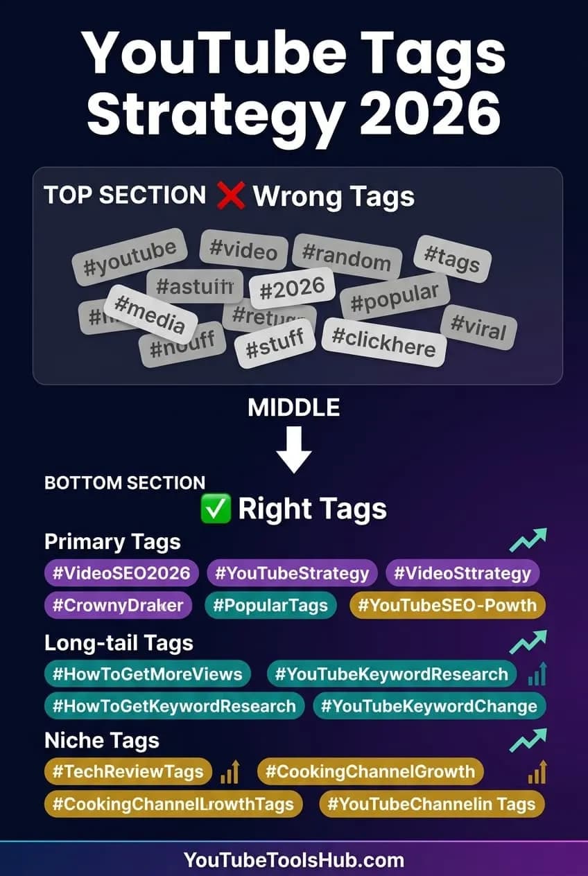 YouTube tag strategy comparison showing wrong vs right tagging approaches with color-coded keyword categories
