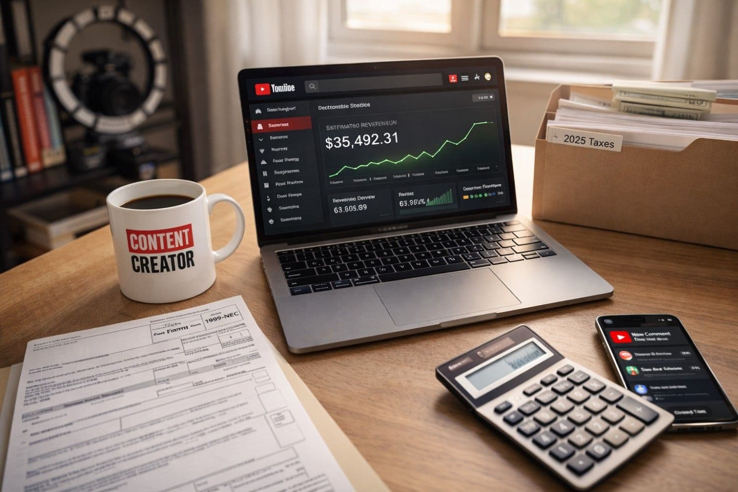 YouTube creator tax filing workspace with 1099 form, laptop showing YouTube analytics, calculator, and organized tax documents for USA creators in 2026