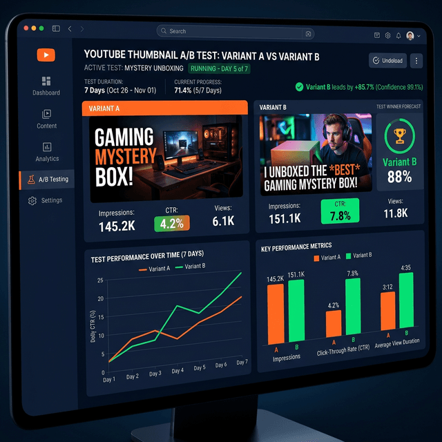 A detailed infographic dashboard showing a YouTube thumbnail A/B testing workflow with variant A and variant B comparisons, CTR metrics, and impression charts