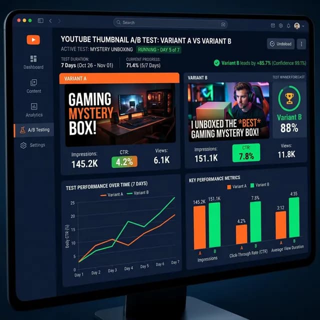 A detailed infographic dashboard showing a YouTube thumbnail A/B testing workflow with variant A and variant B comparisons, CTR metrics, and impression charts