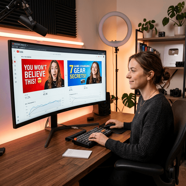 A professional YouTube creator sitting at a modern minimalist desk, comparing two different YouTube thumbnail designs side-by-side on a large ultrawide monitor with analytics.