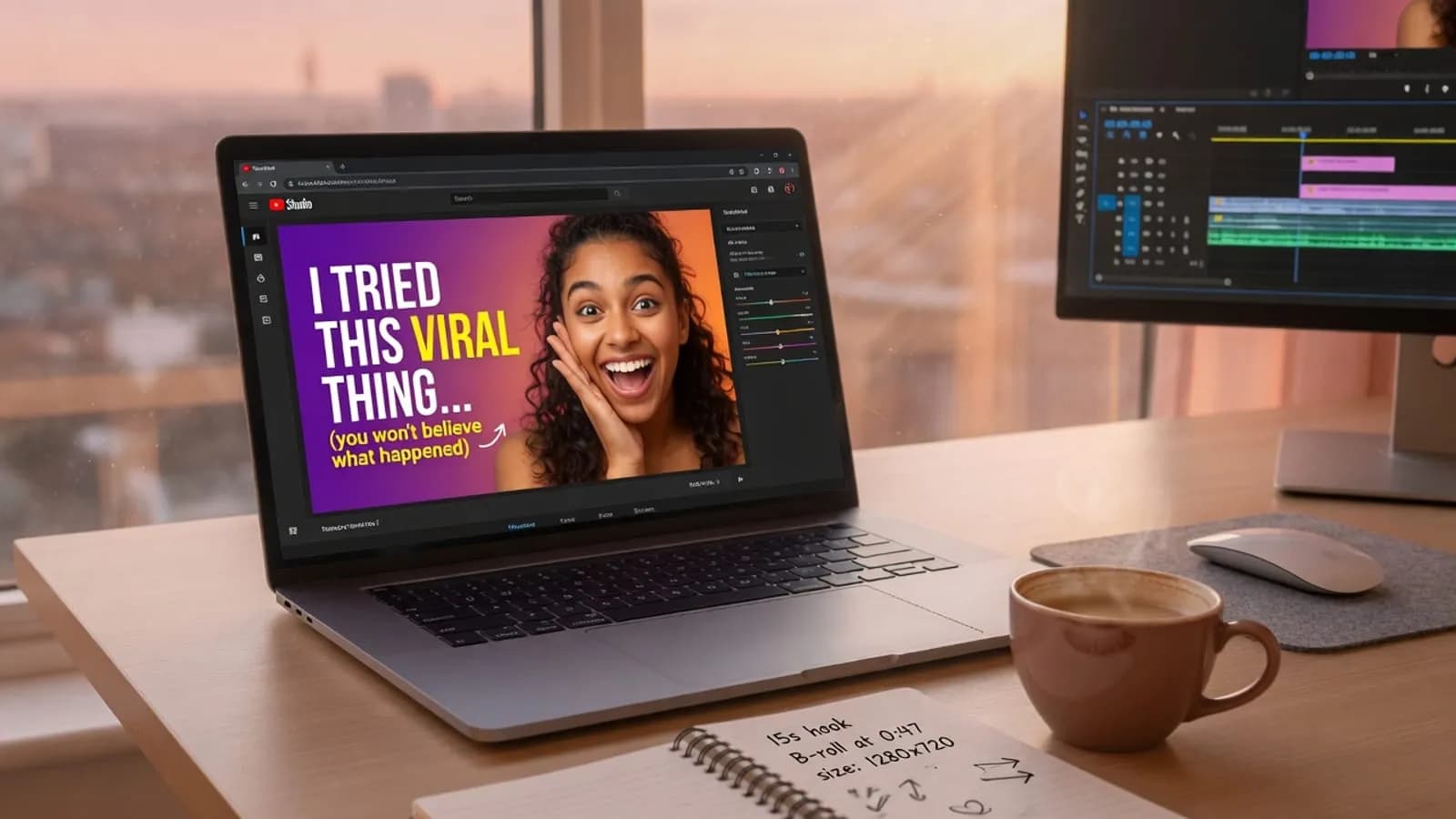 Creator desk with laptop open to a bold YouTube thumbnail design in Studio, coffee and notes nearby, illustrating ideal YouTube thumbnail size for 2026